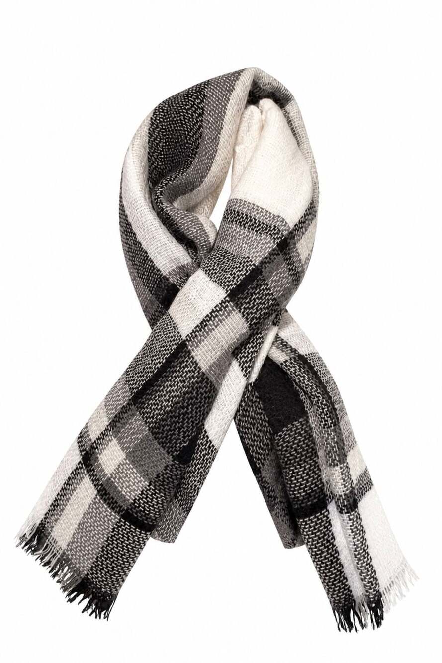Riah Fashion Los Angeles Black and White Plaid Fringe Blanket Scarf